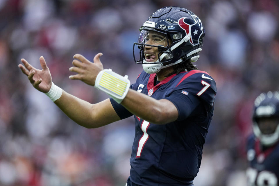 Houston Texans quarterback C.J. Stroud reacts after scoring on a 2-point conversion against the Tampa Bay Buccaneers during the second half of an NFL football game, Sunday, Nov. 5, 2023, in Houston. (AP Photo/Eric Christian Smith)