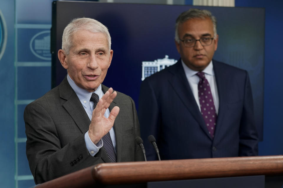 Dr. Anthony Fauci, Director of the National Institute of Allergy and Infectious Diseases, speaks alongside White House COVID-19 Response Coordinator Ashish Jha during a press briefing at the White House, Tuesday, Nov. 22, 2022, in Washington. (AP Photo/Patrick Semansky)