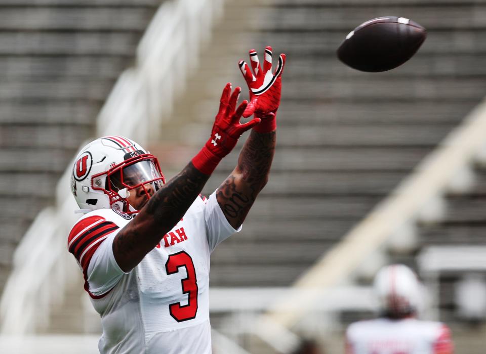 White’s Ja’Quinden Jackson makes a catch in the flat on a pass play as The University of Utah football team plays in the 22 Game at Rice Eccles Stadium in Salt Lake City on Saturday, April 22, 2023. the white team won 38-28 over red. | Scott G Winterton, Deseret News