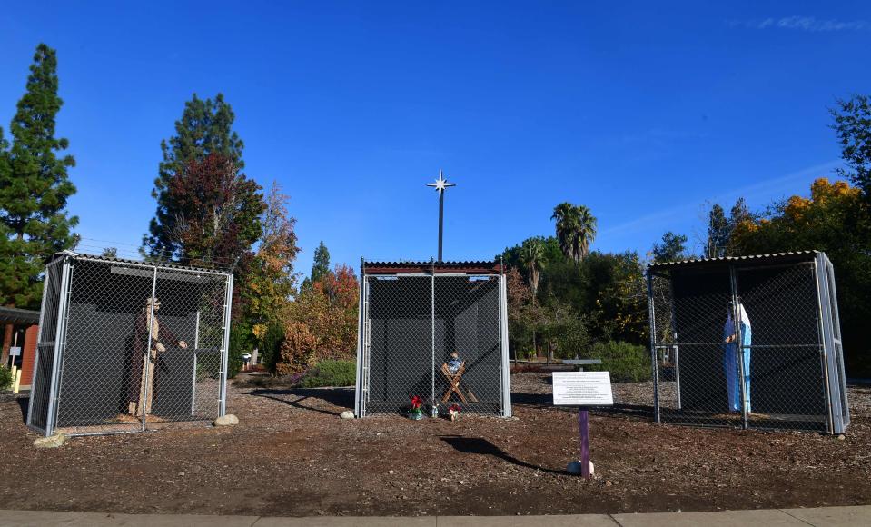 The Nativity scene at the Claremont United Methodist Church in Claremont, California, on Dec. 11, 2019, depicting a scene of Jesus, Mary and Joseph in separate cages as refugees. The display is aimed at drawing attention to the conditions faced by migrants seeking asylum in the U.S.