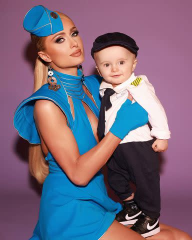 <p>Kevin Ostajewski</p> Paris Hilton poses with son Phoenix for Halloween