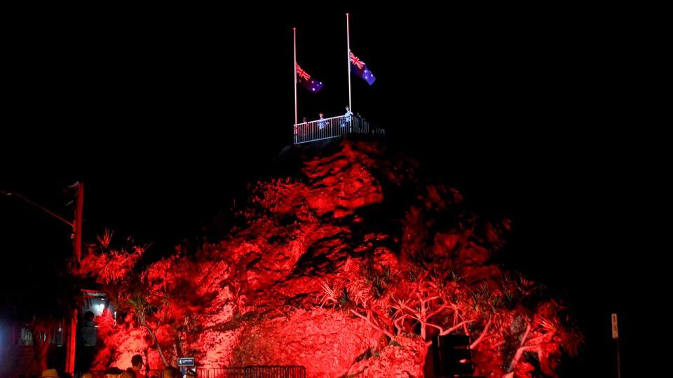 Flags at half mast during Anzac Day Dawn Service at Elephant Rock