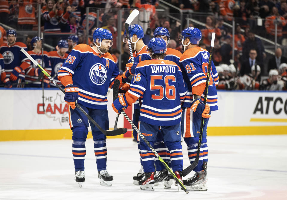 Edmonton Oilers celebrate a goal against the Anaheim Ducks during the second period of an NHL hockey game Saturday, April 1, 2023, in Edmonton, Alberta. (Jason Franson/The Canadian Press via AP)