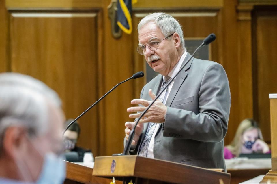 State Rep. Dan Leonard, R-Huntington, speaks during a vote by the Indiana House representatives on the redistricting maps  Thursday, Sept. 23, 2021, at the Indiana Statehouse in Indianapolis.