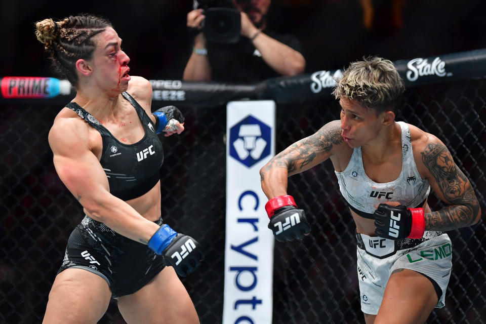 Feb 17, 2024; Anaheim, California, USA; Amanda Lemos moves in with a hit against Mackenzie Dern during UFC 298 at Honda Center. Mandatory Credit: Gary A. Vasquez-USA TODAY Sports