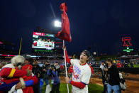 Philadelphia Phillies shortstop Bryson Stott celebrates after winning the baseball NL Championship Series in Game 5 against the San Diego Padres on Sunday, Oct. 23, 2022, in Philadelphia. (AP Photo/Matt Slocum)