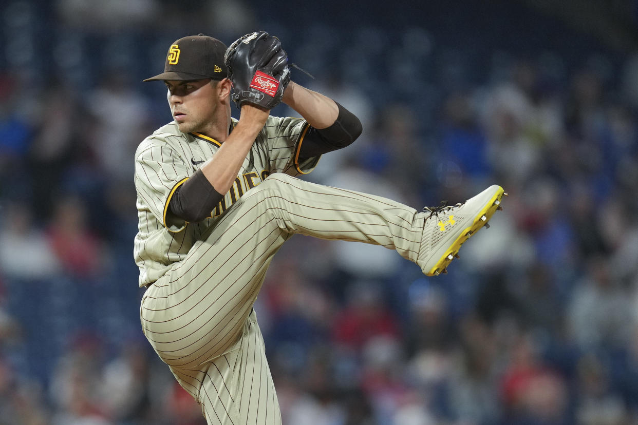 Padres lefty MacKenzie Gore, seen here in a sterling relief appearance against the Phillies, has a distinctive leg kick (Photo by Mitchell Leff/Getty Images)