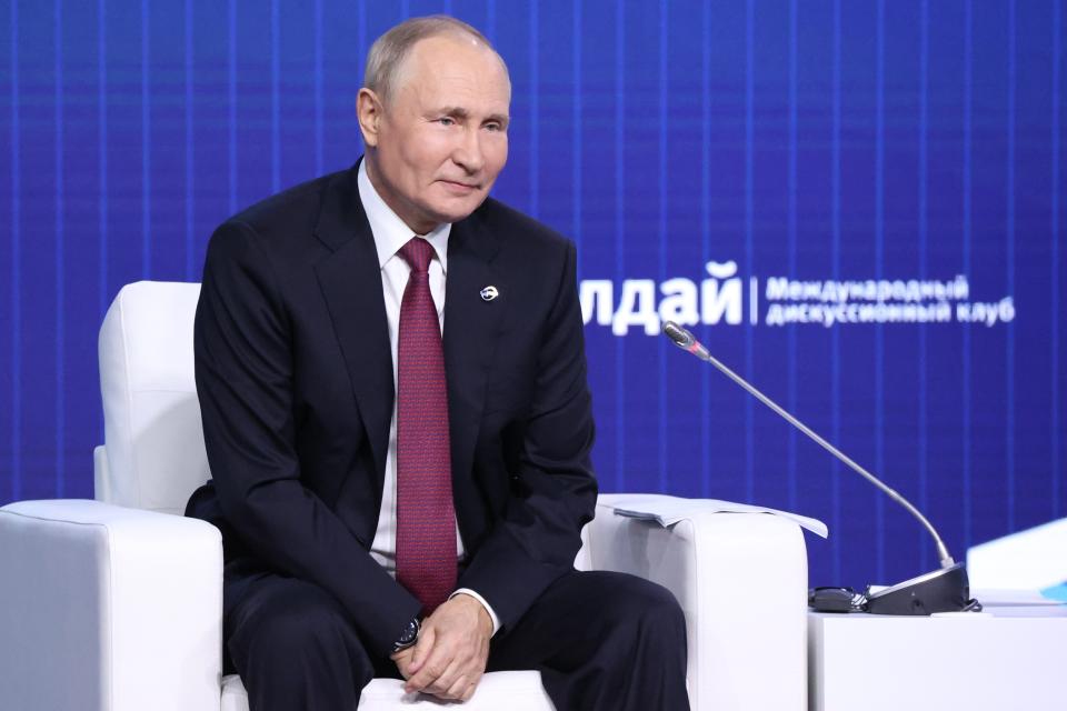 Russian President Vladimir Putin attends at the plenary session of the 19th annual meeting of the Valdai International Discussion Club outside Moscow, Russia, Thursday, Oct. 27, 2022. (Sergei Karpukhin, Sputnik, Kremlin Pool Photo via AP)