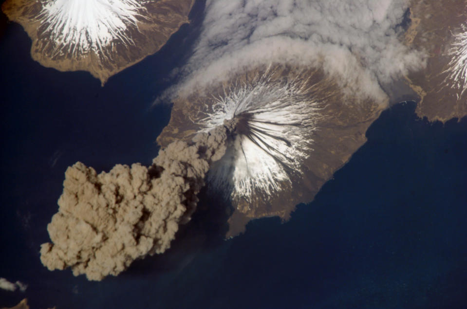 This Nasa photo shows the eruption of Cleveland Volcano, Aleutian Islands, Alaska, as photographed by an Expedition 13 crew member on the International Space Station. The image captures the ash plume of the very short-lived eruption. Photo credit: Nasa