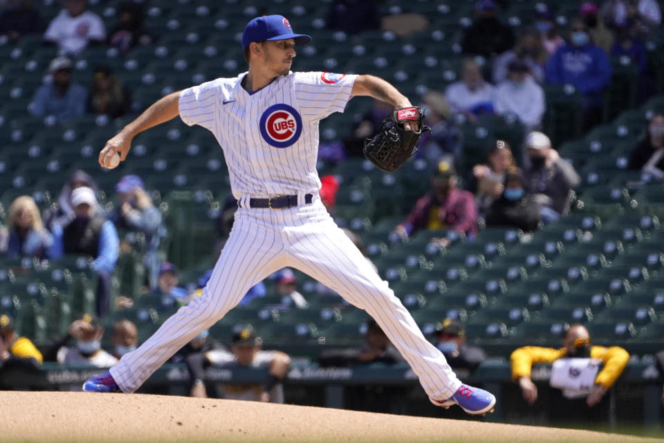 Chicago Cubs starting pitcher Zach Davies delivers during the first inning of a baseball game Friday, May 7, 2021, in Chicago. (AP Photo/Charles Rex Arbogast)