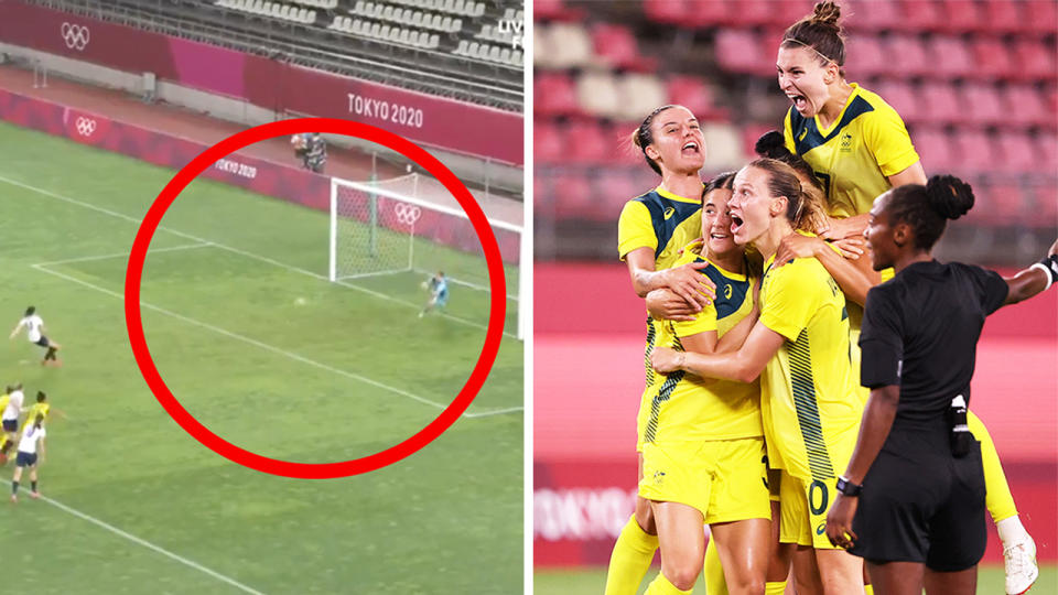 Teagan Micah (pictured left) saved a crucial penalty before the Matildas celebrated (pictured right) a stunning goal from Mary Fowler.