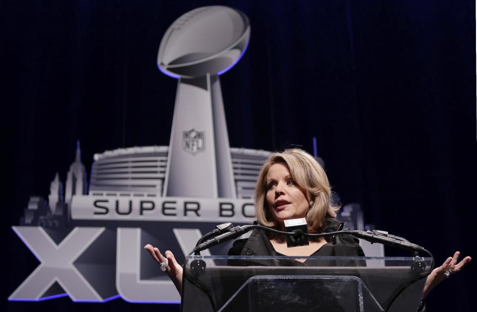 Opera singer Renee Fleming who will sing the National Anthem before the NFL Super Bowl XLVIII football game speaks during a press conference Thursday, Jan. 30, 2014, in New York. (AP Photo/Charlie Riedel)