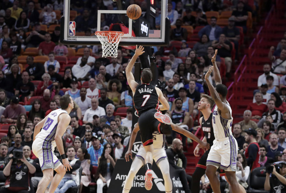 Miami Heat guard Goran Dragic (7) shoots during the first half of an NBA basketball game against the Sacramento Kings, Monday, Jan. 20, 2020, in Miami. (AP Photo/Lynne Sladky)