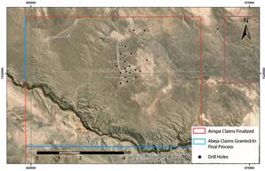 Satellite image showing the location of closely spaced drill sites completed by a previous holder on the Abeja Property, drill chips of which are currently being sampled for geochemical work.