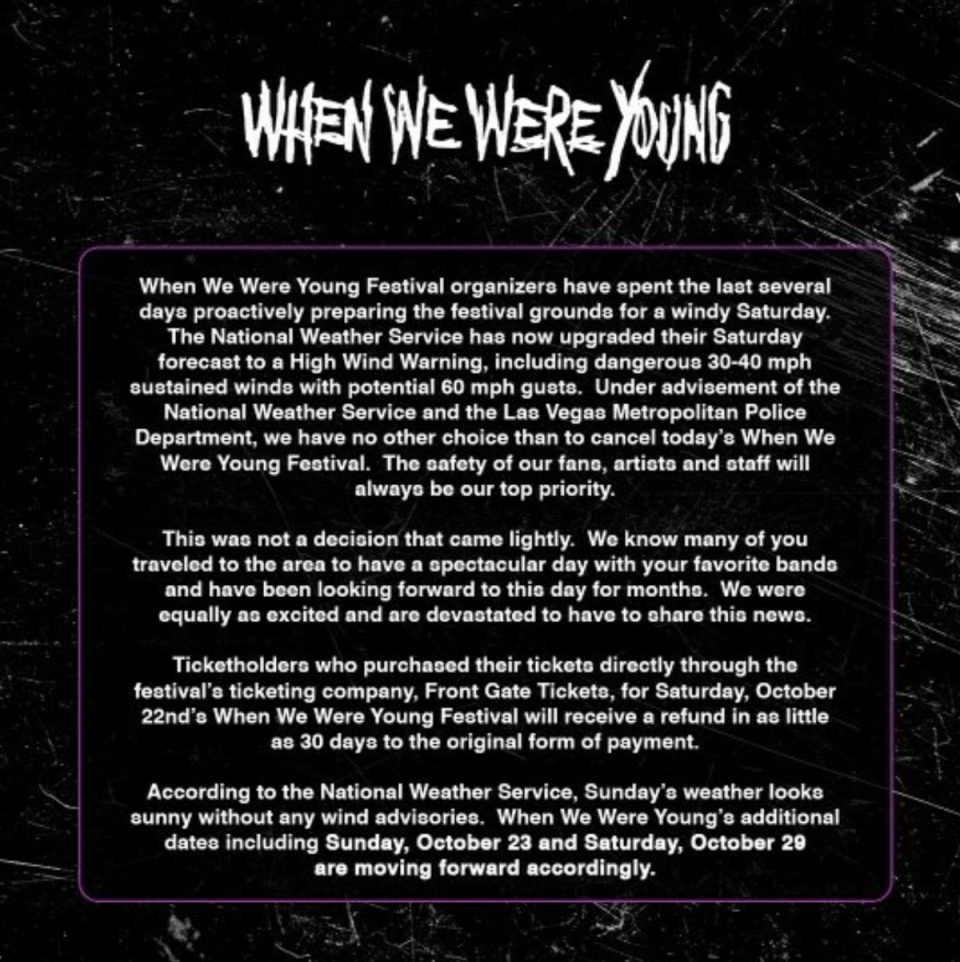 When We Were Young cancelled its Saturday with hours to go (Twitter)