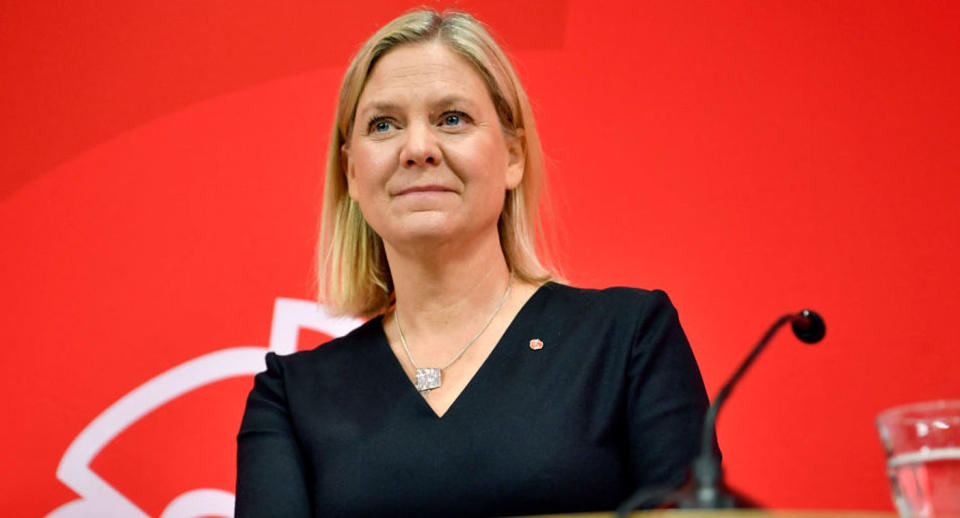 Magdalena Andersson attends a press conference on September 29, 2021 in Stockholm.