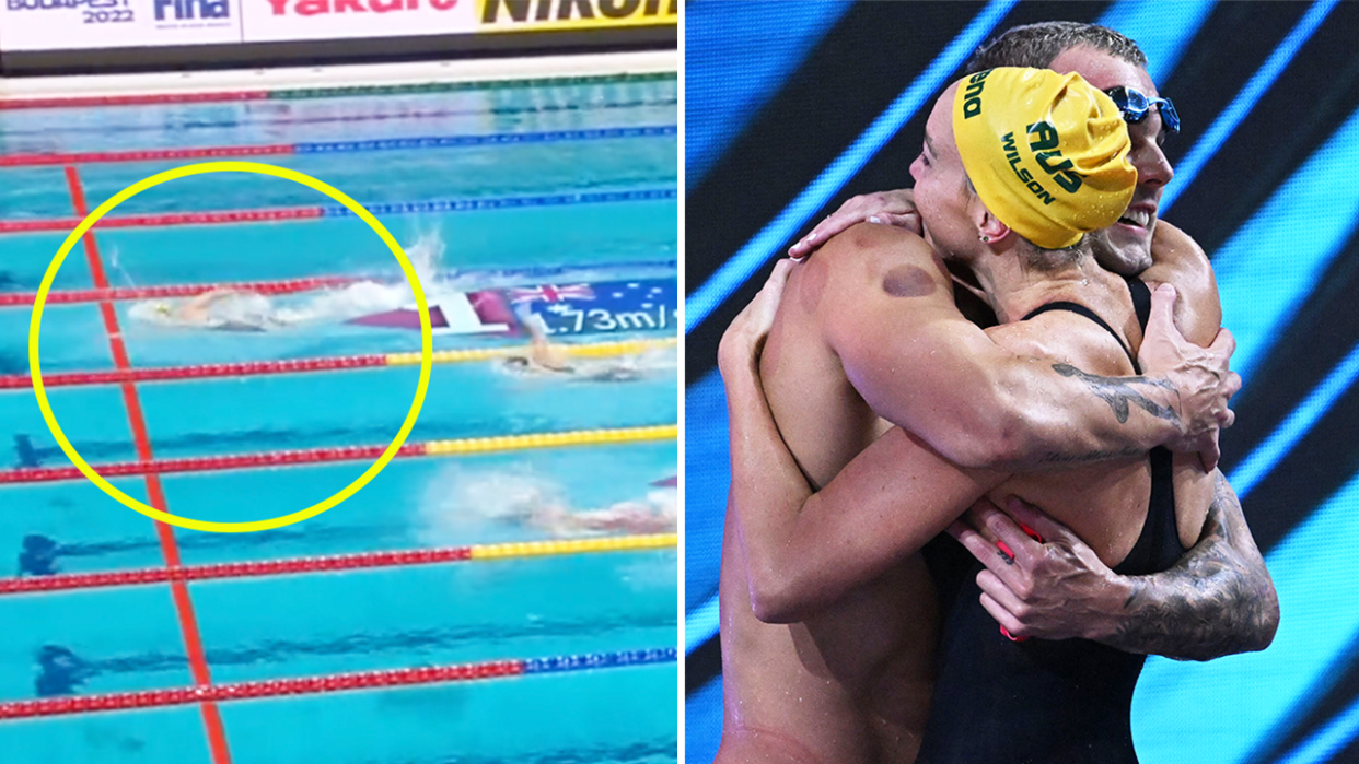 Australia (pictured left) breaking the mixed 4x100m relay world record and (pictured right) Australia's Mollie O'Callaghan and Kyle Chalmers celebrating.