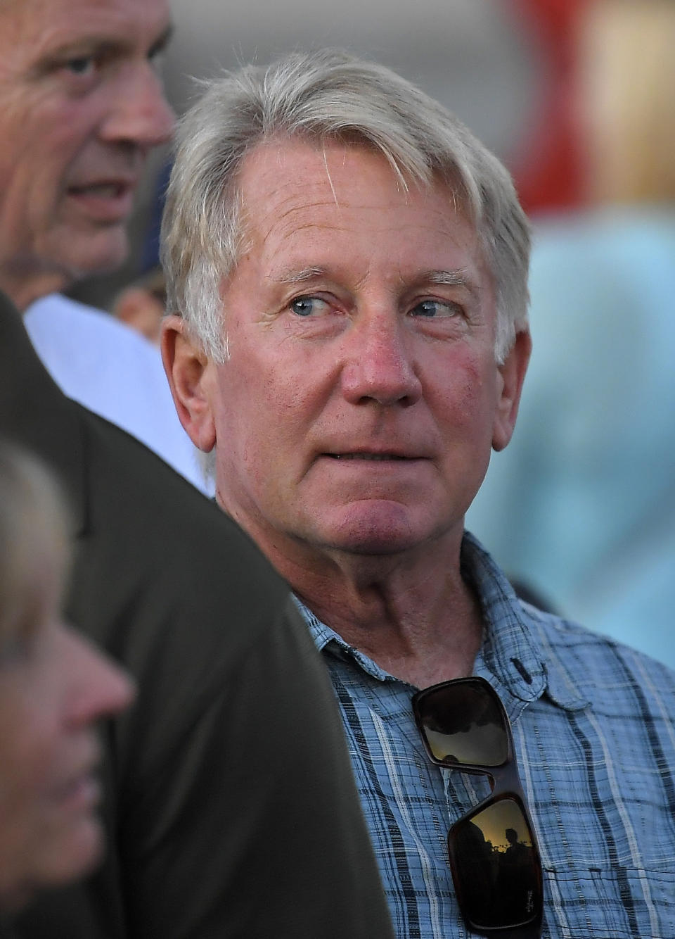 Glen Fritzler, left, co-owner of Truth Aquatics and the dive boat Conception, is seen during a vigil Friday, Sept. 6, 2019, in Santa Barbara, Calif., for the victims who died aboard the dive boat Conception. The Sept. 2 fire took the lives of 34 people on the ship off Santa Cruz Island off the Southern California coast near Santa Barbara. (AP Photo/Mark J. Terrill)