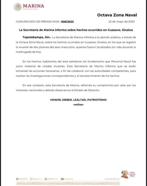 Respuesta oficial de la Marina, antes denuncias por el asesinato de dos jóvenes detenidos.