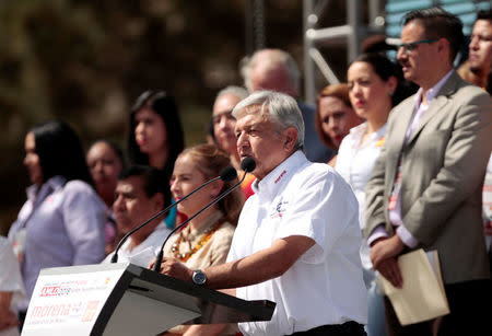 Leftist front-runner Andres Manuel Lopez Obrador of the National Regeneration Movement (MORENA) gives a speech to supporters during his campaign rally in Ciudad Juarez, Mexico April 1, 2018. REUTERS/Jose Luis Gonzalez