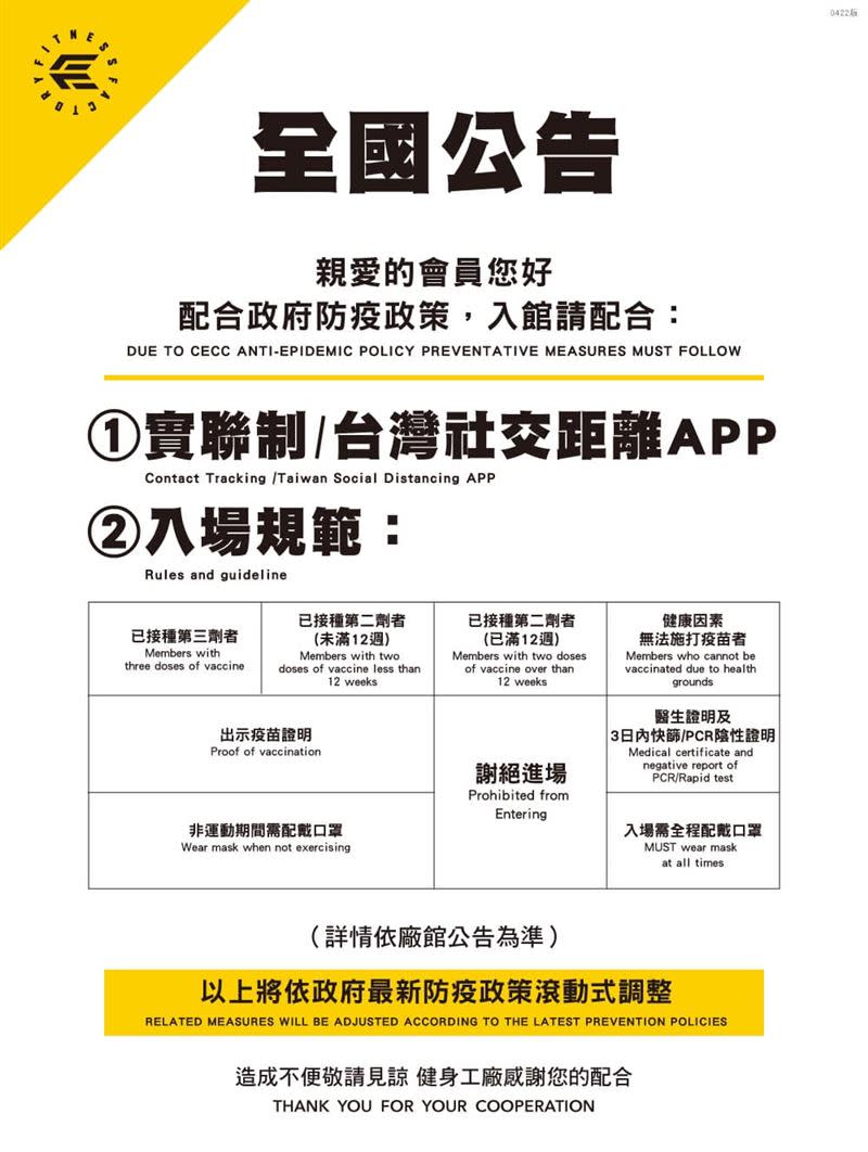  健康因素無法打疫苗者，需出示醫師證明和3日內快篩陰性證明。（圖／翻攝自 健身工廠 臉書）