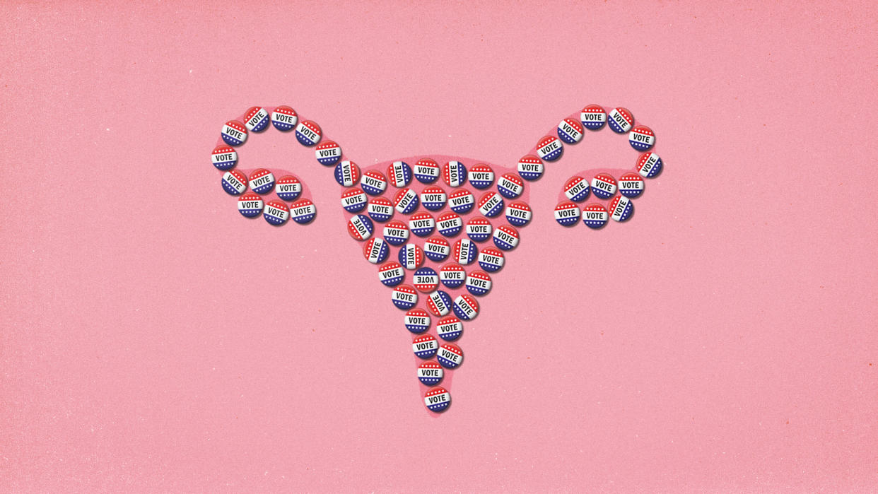  Diagram of a uterus covered in voting badges. 
