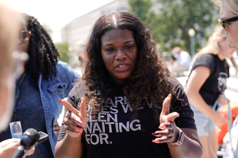 U.S. Rep. Cori Bush speaks to reporters about the upcoming expiration of the pandemic-related federal moratorium on residential evictions in Washington