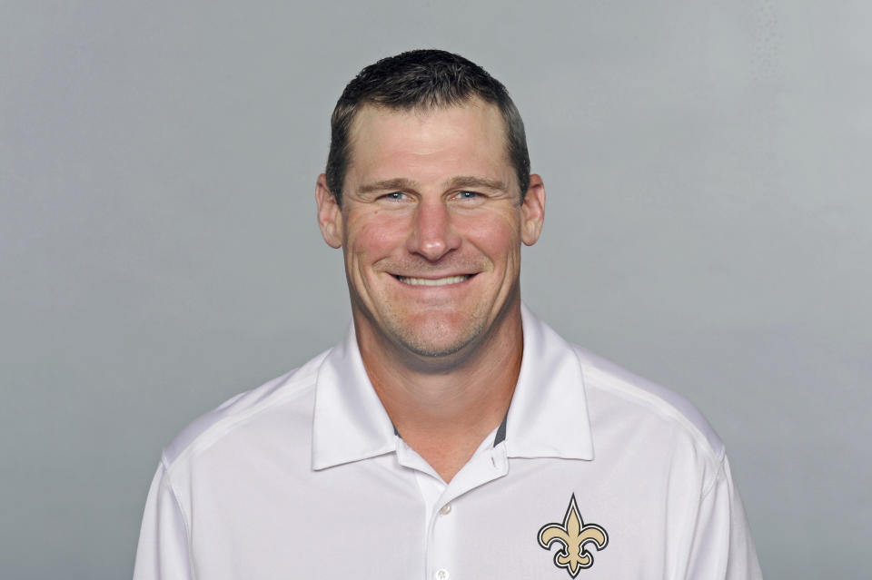 FILE - This is a 2016 file photo showing Dan Campbell of the New Orleans Saints NFL football team. The Detroit Lions have agreed to terms with Dan Campbell to be their coach. The Lions announced the agreement with the New Orleans Saints tight ends coach on Wednesday, Jan. 20, 2021, one day after formally introducing Brad Holmes as their general manager. (AP Photo/File)