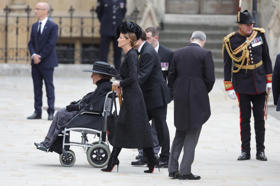 LONDON, ENGLAND - SEPTEMBER 19: India Hicks accompanies her mother Lady Pamela Hicks as they arrive at Westminster Abbey ahead of The State funeral of Queen Elizabeth II on September 19, 2022 in London, England. Elizabeth Alexandra Mary Windsor was born in Bruton Street, Mayfair, London on 21 April 1926. She married Prince Philip in 1947 and ascended the throne of the United Kingdom and Commonwealth on 6 February 1952 after the death of her Father, King George VI. Queen Elizabeth II died at Balmoral Castle in Scotland on September 8, 2022, and is succeeded by her eldest son, King Charles III.  (Photo by Chris Jackson/Getty Images)