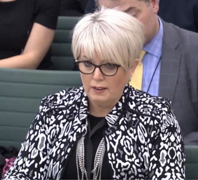 Baroness Helen Newlove in a black and white shirt giving evidence to a select committee