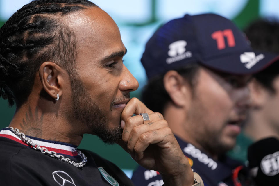 Mercedes driver Lewis Hamilton of Britain speaks to media ahead of the Formula On Saudi Arabian Grand Prix in Jeddah, Saudi Arabia, Thursday, March 16, 2023. (AP Photo/Hassan Ammar)