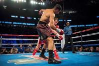 May 7, 2016; Las Vegas, NV, USA; Canelo Alvarez (red shorts) knocks out Amir Khan (maroon shorts) during their middleweight boxing title fight at T-Mobile Arena. Mandatory Credit: Joshua Dahl-USA TODAY Sports