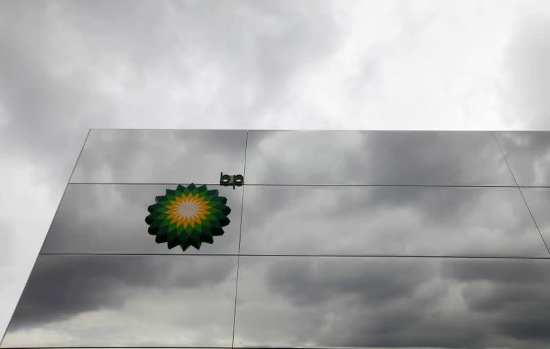 BP's logo is seen on one of its corporate sponsor pavilions in the Olympic park, in Stratfod