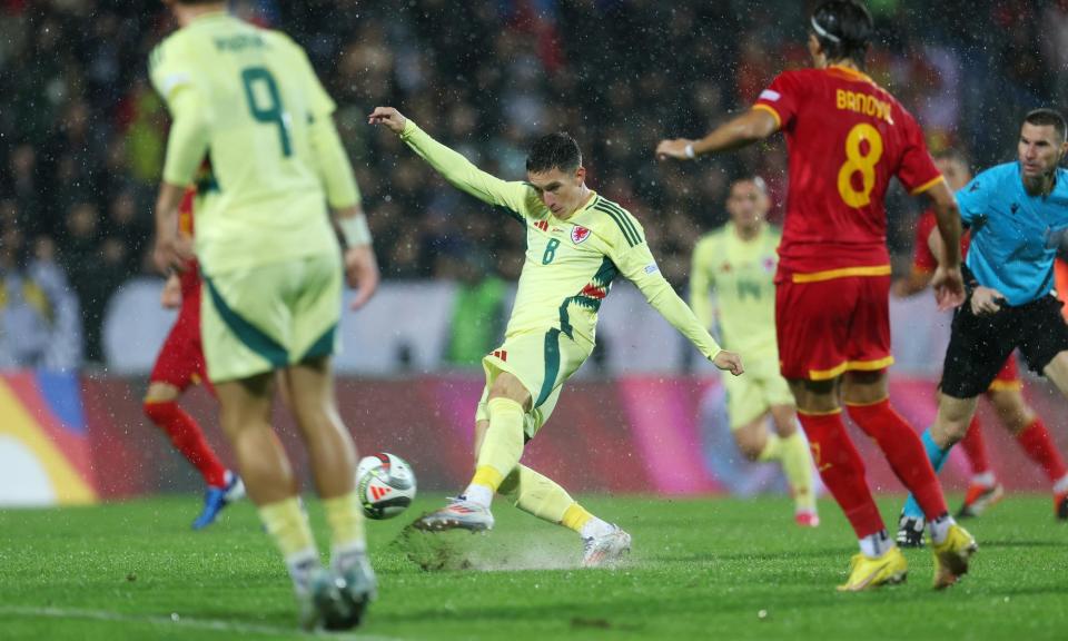 <span>Harry Wilson lets fly from range to score Wales’s second goal.</span><span>Photograph: Filip Filipovic/Getty Images</span>