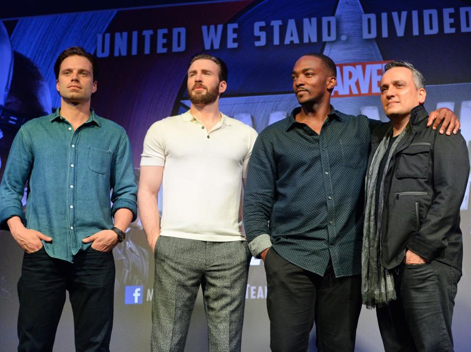 Sebastian Stan, Chris Evans, Anthony Mackie, and director Joe Russo in April 2016.