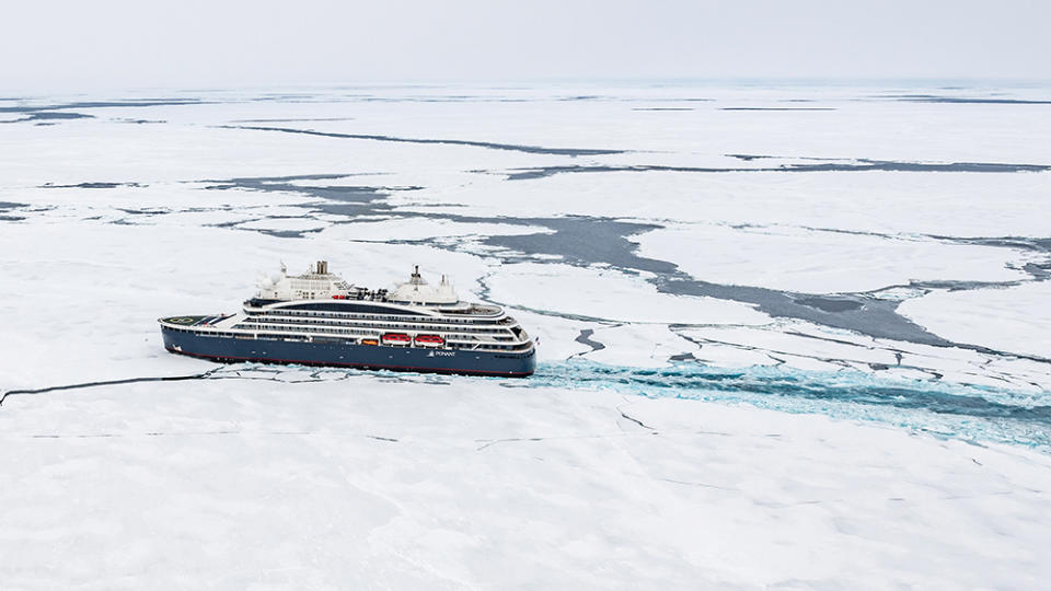 Le Commandant Charcot, the world’s only luxury icebreaker, navigating through the frozen terrain on the way to the North Pole.