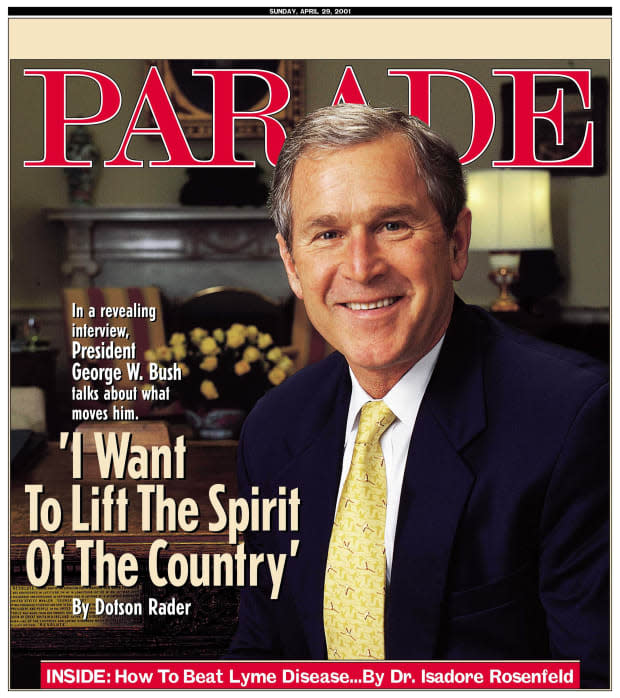 <p>George W. Bush was just a few months into his presidency when he sat down with <em>Parade</em> in the Oval Office. “I love this country. I want to do my best to make it a compassionate country,” he said. “It’s so important for the President to lift the spirit of the country. And that spirit is embodied in the common acts of love and compassion and decency that take place on a daily basis in spite of government. They happen because somebody cares about a neighbor in need.” </p><p> Less than six months later, post-<a href="https://parade.com/125076/parade/09-tribute-to-9-11/" rel="nofollow noopener" target="_blank" data-ylk="slk:9/11;elm:context_link;itc:0;sec:content-canvas" class="link ">9/11</a>, he would be called upon to collectively raise the country’s spirits in a way he never imagined. </p>