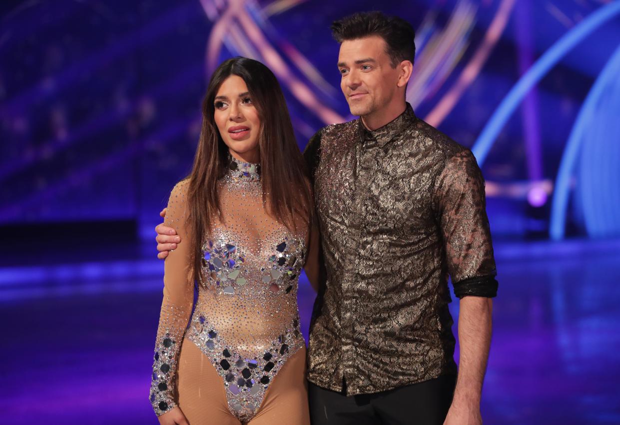 Ekin-Su Culculoglu and Brendyn Hatfield after the skate off announcement. on Dancing On Ice. (Shutterstock)