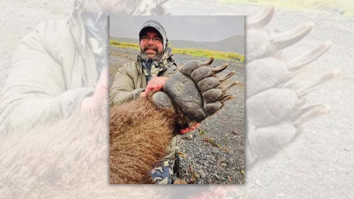 A hunter is holding a bear paw seemingly twice the size of his head. 