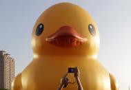 A man takes a picture of the "Rubber Duck" by Dutch conceptual artist Florentijn Hofman while it is on display at Kaohsiung Harbor, southern Taiwan, September 19, 2013. REUTERS/Pichi Chuang