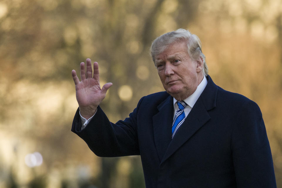 President Donald Trump waves as he walks on the South Lawn after stepping off Marine One at the White House, Sunday, March 10, 2019, in Washington. Trump is returning from a trip to Mar-a-Lago, in Palm Beach, Fla. (AP Photo/Alex Brandon)