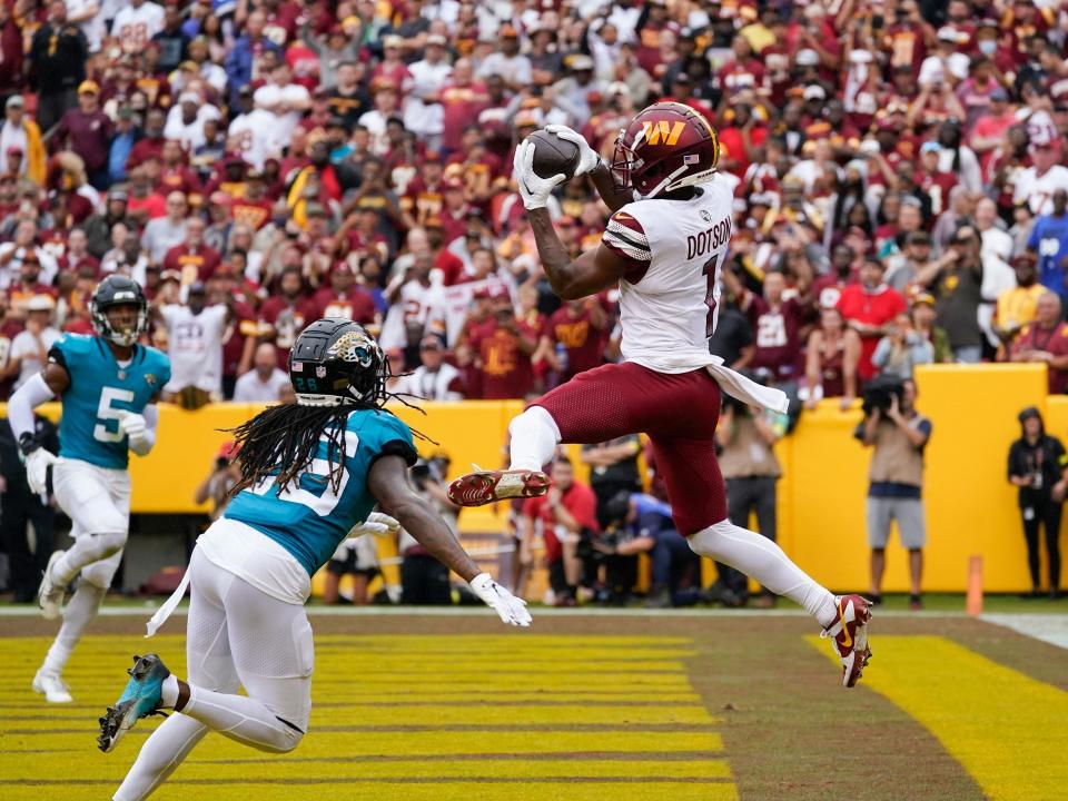 Jahan Dotson brings in a touchdown against the Jacksonville Jaguars.