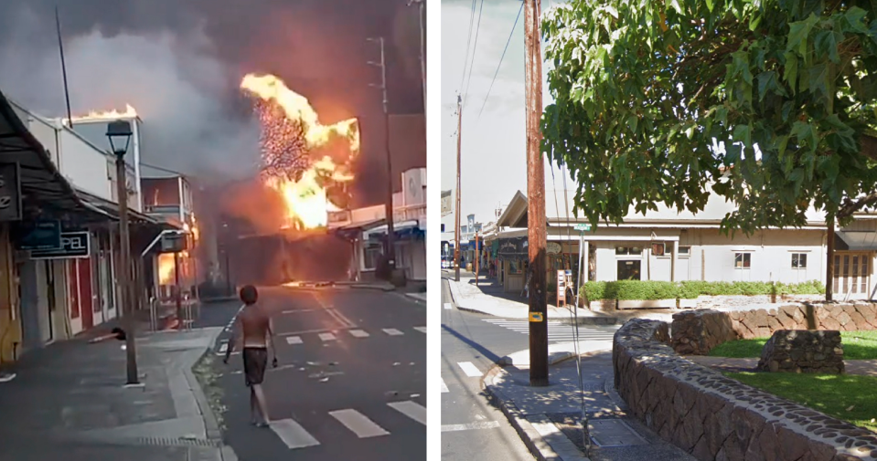 Before and after images show Maui's Lahaina devastation from wildfires.