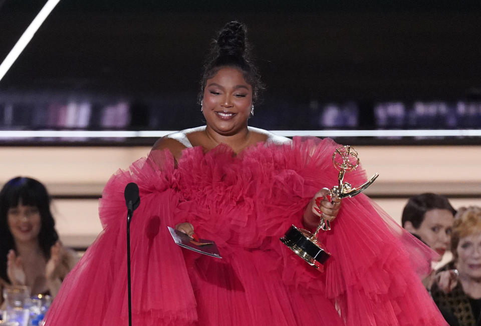 Lizzo presents the Emmy for outstanding supporting actor in a comedy series at the 74th Primetime Emmy Awards on Monday, Sept. 12, 2022, at the Microsoft Theater in Los Angeles. (AP Photo/Mark Terrill)