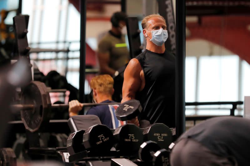 Members exercise at Chelsea Piers Fitness, Manhattan's largest fitness facility on first day of re-opening of gyms in New York