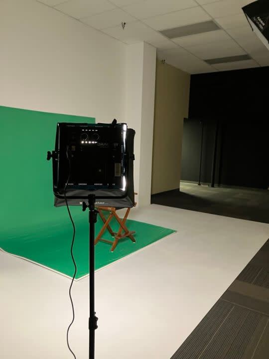 A green screen in the Augie film production facilities.