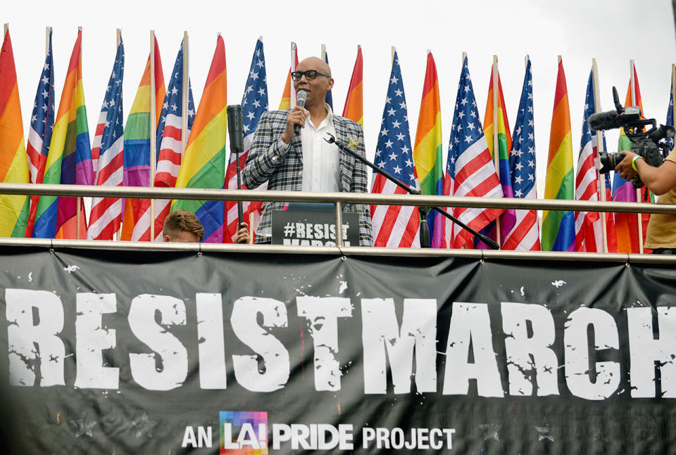 WEST HOLLYWOOD, CA - JUNE 11: RuPaul speaks at the LA Pride ResistMarch on June 11, 2017 in West Hollywood, California. (Photo by Chelsea Guglielmino/Getty Images)