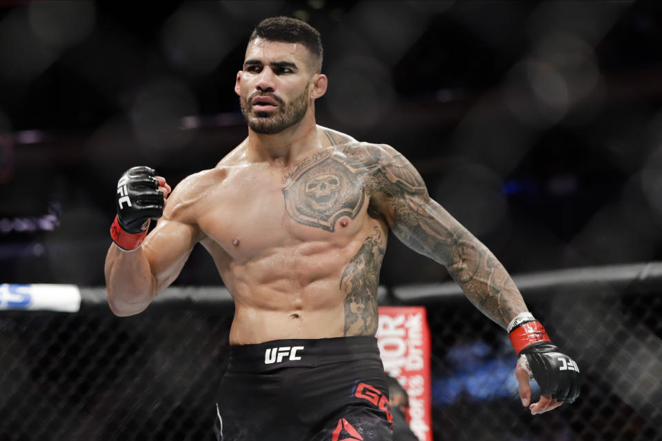 Lyman Good reacts after knocking down Chance Rencountre during the third round of a welterweight mixed martial arts bout at UFC 244, Saturday, Nov. 2, 2019, in New York. (AP Photo/Frank Franklin II)