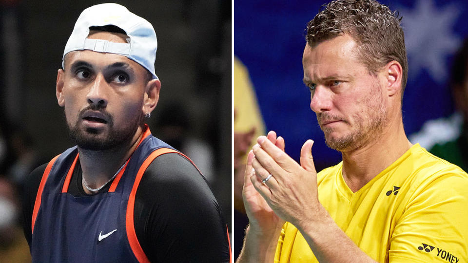 Pictured right is Australia's Davis Cup captain Lleyton Hewitt and Nick Kyrgios on the left.