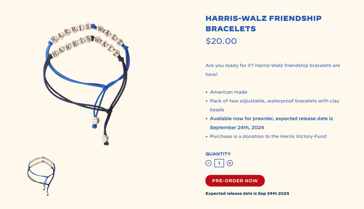 The new Taylor Swift-inspired friendship bracelets on the Harris-Walz campaign merchandise website.